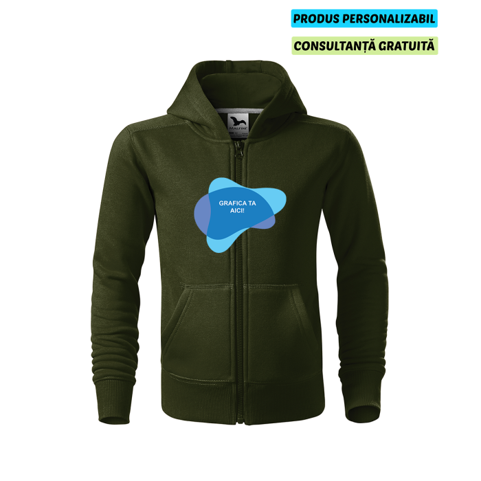 Malfini Hanorac cu fermoar Copii Verde militar Personalizat Malfini Hanorac cu fermoar Copii Verde militar Personalizat